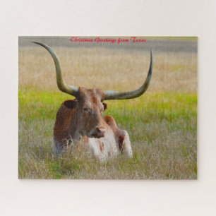 Long Horn Cattle Texas.Christmas Greetings Jigsaw Puzzle
