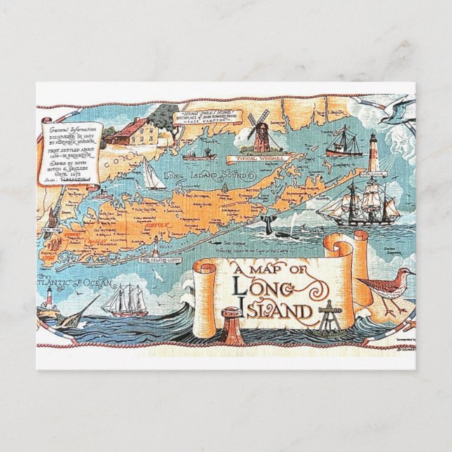 Long Island Illustrated Map Postcard (Front)