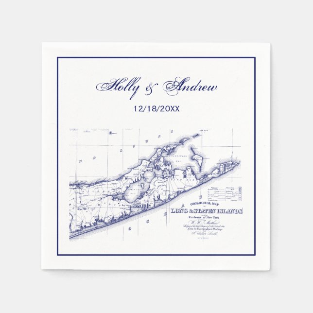 Long Island The Hamptons Map Navy Blue Wedding F Napkin (Front)