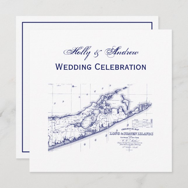 Long Island The Hamptons Map SQ Wedding Invitation (Front/Back)
