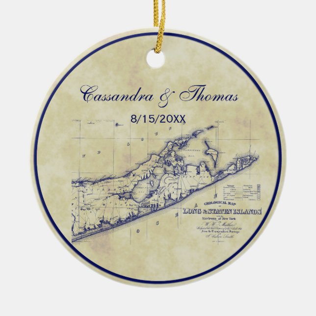 Long Island The Hamptons Map VC Tea Stained Ceramic Ornament (Front)