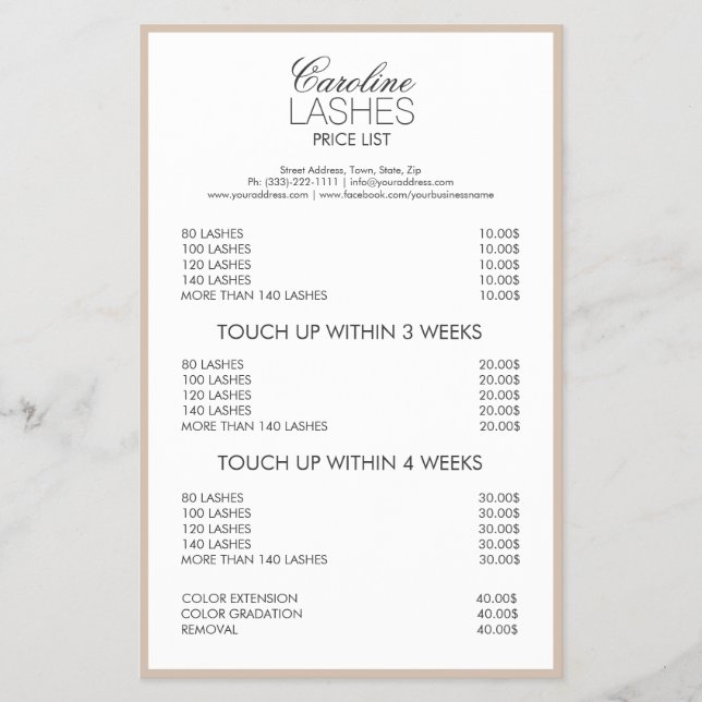 Long Lash Extensions Cream Bordered Price List Flyer (Front)