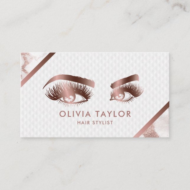 Long Lashes & Brows Makeup Artist Rose Gold Marble Business Card (Front)