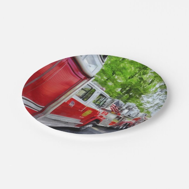 Long Line of Fire Trucks Paper Plate (Angled)