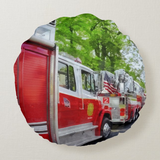 Long Line of Fire Trucks Round Cushion (Back)