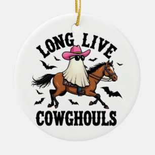 Long Live Ghouls Spooky Halloween Ghost Cowboy Ceramic Ornament