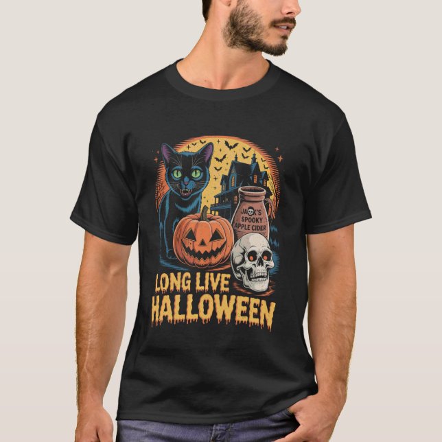Long Live Halloween Funny Pumpkin Halloween Black  T-Shirt (Front)