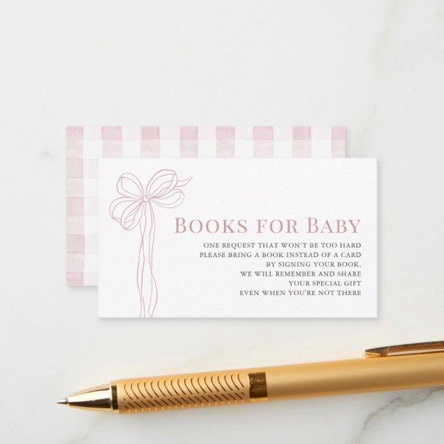 Long Pink Bow Ribbon Girl Baby Shower Book Request Enclosure Card (Front/Back In Situ)
