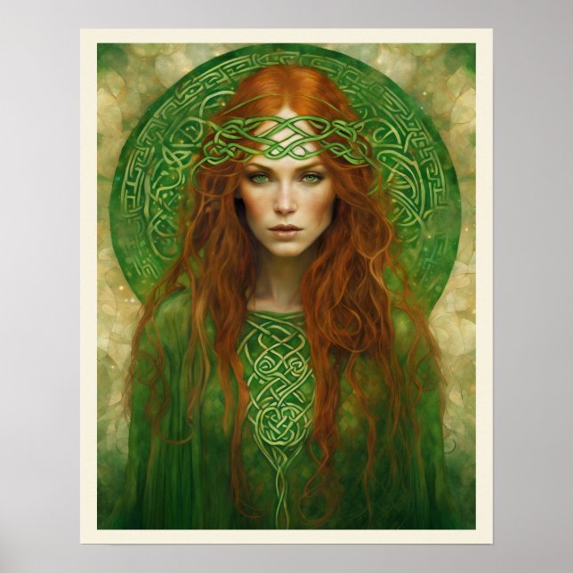 Long Red Hair Green Celtic Knot Headband Woman Poster (Front)