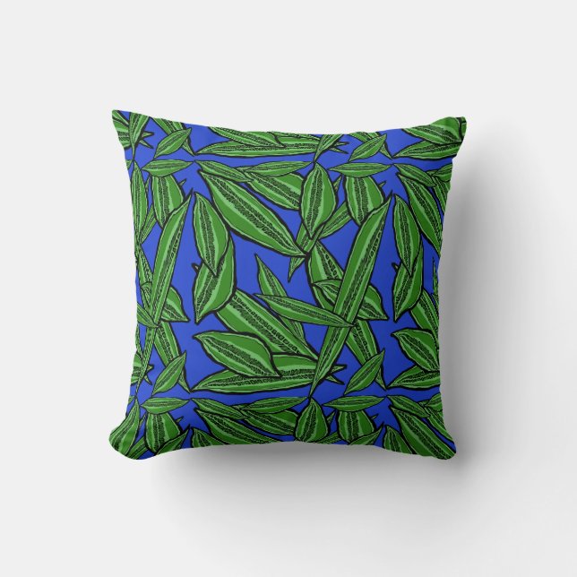 Long Seed Pods Green on Ultramarine Throw Pillow (Front)
