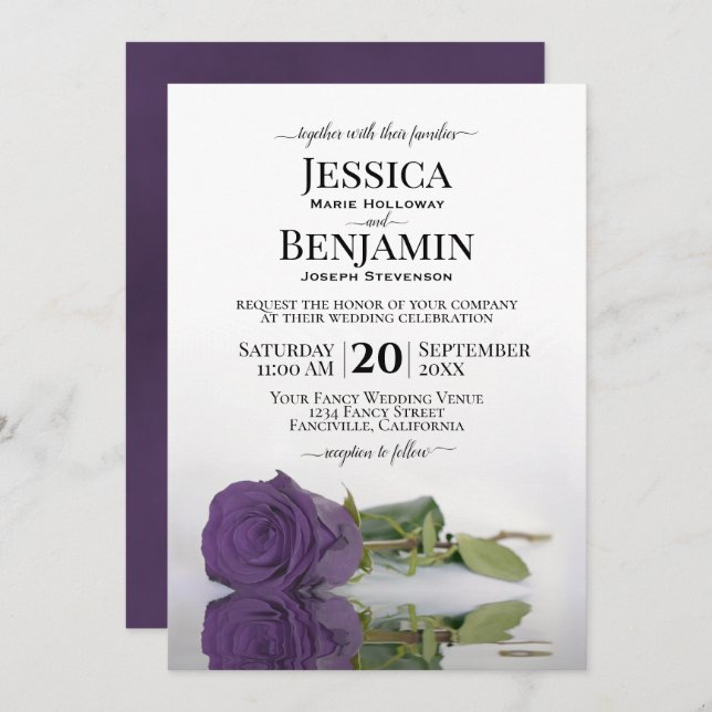 Long Stemmed Amethyst Purple Rose Elegant Wedding Invitation (Front/Back)