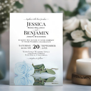 Long-Stemmed Dusty Blue Rose Elegant Wedding Invitation