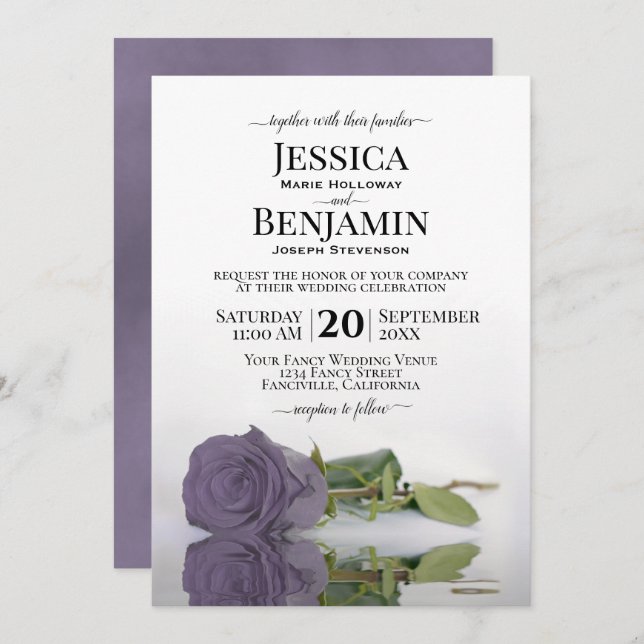 Long-Stemmed Dusty Purple Rose Elegant Wedding Invitation (Front/Back)