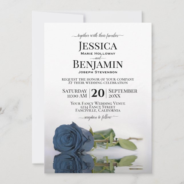 Long Stemmed Dusty Steel Blue Rose Elegant Wedding Invitation (Front)