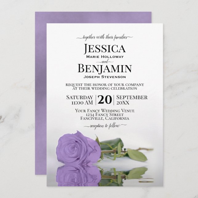 Long Stemmed Lavender Purple Rose Elegant Wedding Invitation (Front/Back)