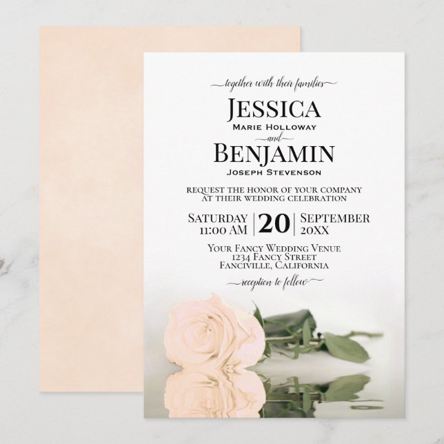 Long Stemmed Peach Orange Rose Elegant Wedding Invitation (Front/Back)