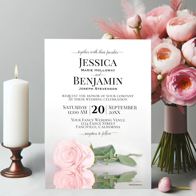 Long Stemmed Pink Rose Elegant Wedding Invitation (Creator Uploaded)