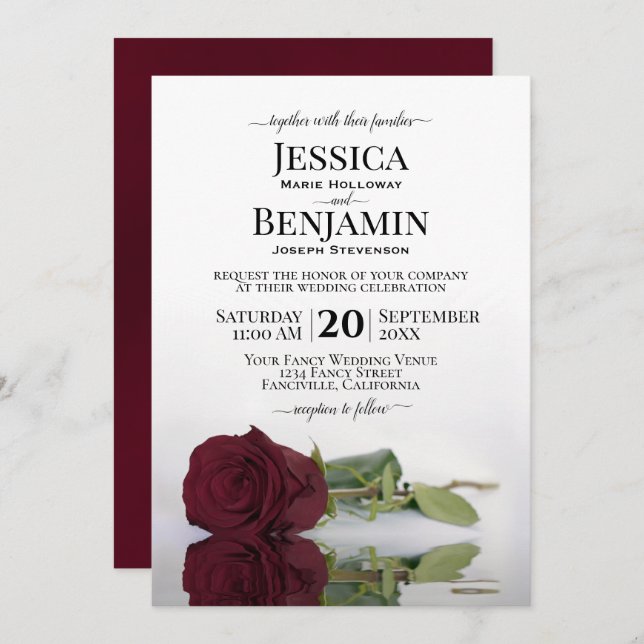 Long Stemmed Romantic Burgundy Rose Chic Wedding Invitation (Front/Back)