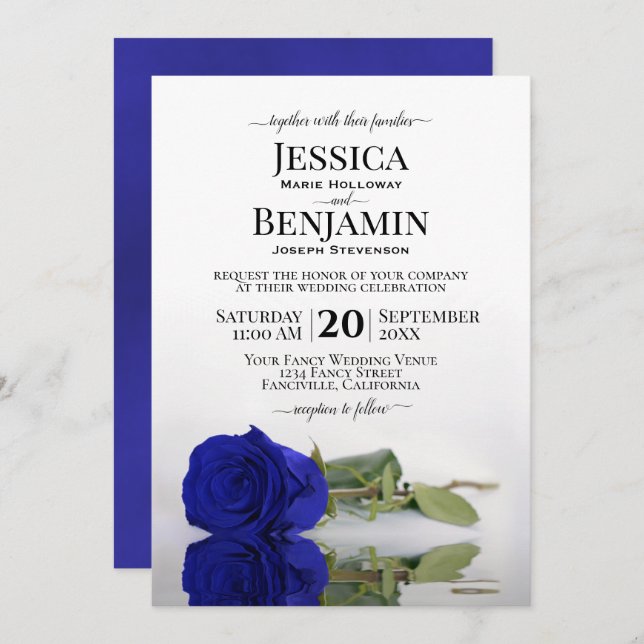 Long Stemmed Royal Blue Rose Elegant Wedding Invitation (Front/Back)