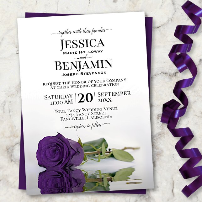 Long Stemmed Royal Purple Rose Elegant Wedding Invitation (Creator Uploaded)