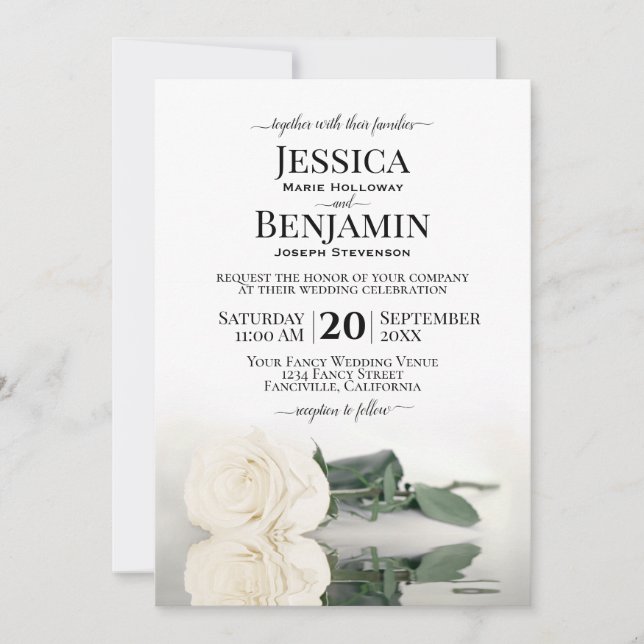 Long Stemmed White Rose Elegant Wedding Invitation (Front)