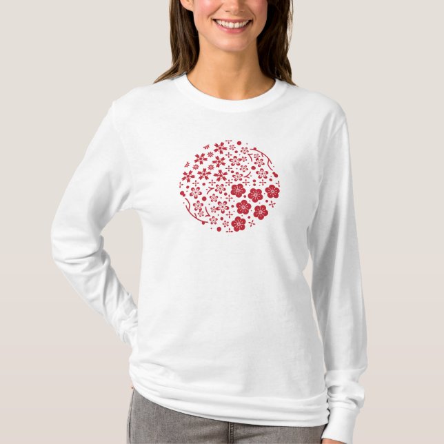 Long T-shirt with Japanese pattern - Cherry, Plum, (Front)