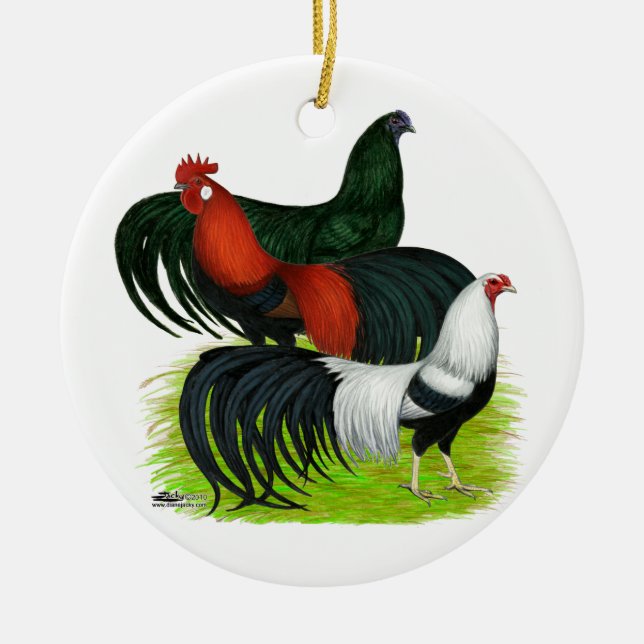 Long-tailed Rooster Trio Ceramic Tree Decoration (Front)