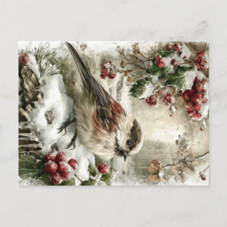 Long-tailed tit bird in snow holiday postcard