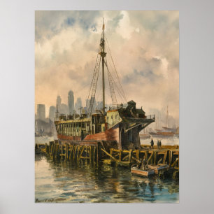 Long Wharf Boston Ship Vintage Watercolor Painting Poster