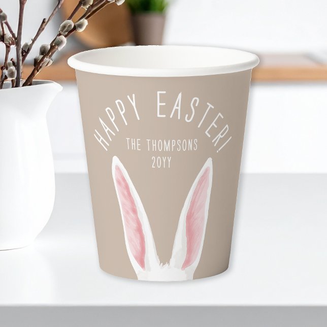 Long White Bunny Ears On Beige Happy Easter Paper Cups (Creator Uploaded)