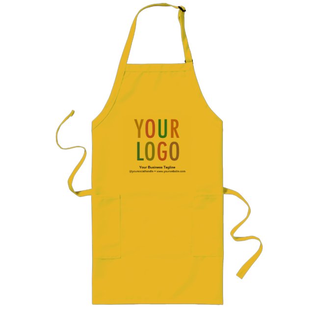 Long Yellow Apron with Pockets Custom Logo Branded (Front)