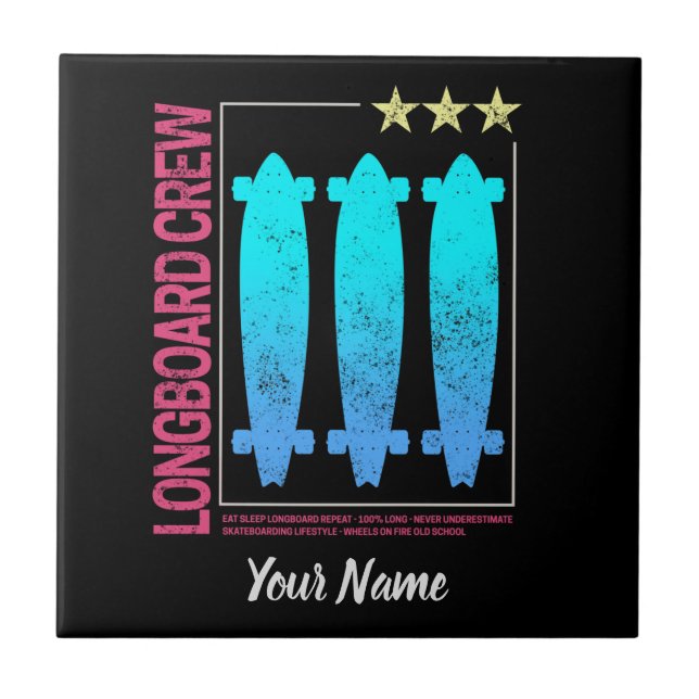 Longboard Retro Skateboard Vintage Skater Design Ceramic Tile (Front)