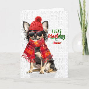 Longhair Chihuahua Funny Fleas Navidog with Name Holiday Card