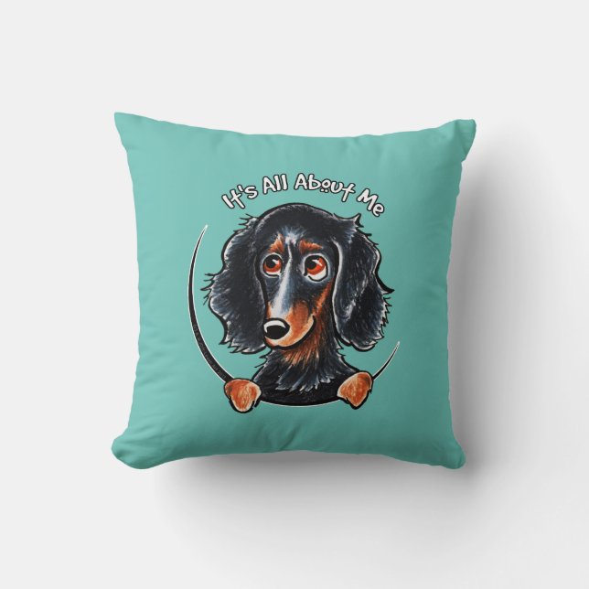 Longhair Dachshund Black Tan IAAM Teal Cushion (Front)