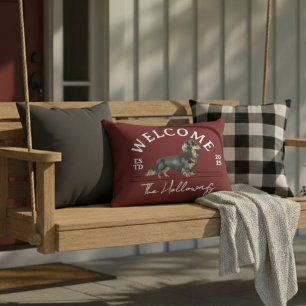 Longhair Dachshund Custom Family Name Welcome Decorative Cushion
