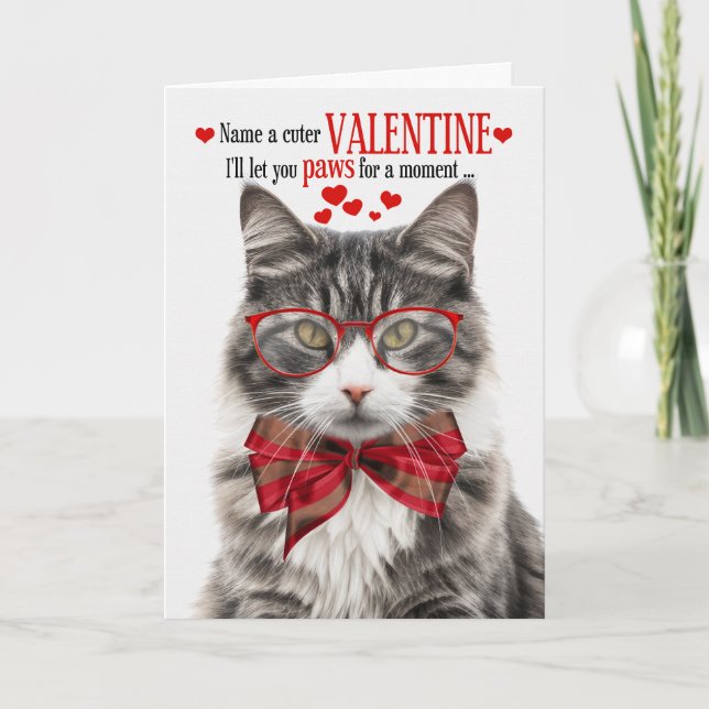 Longhair Grey Tabby Cat Valentine Feline Humour Holiday Card (Front)