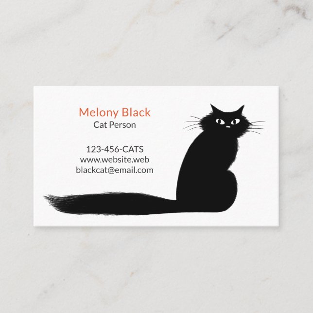 Longhaired Black Kitty Cat with Long Tail Business Card (Front)