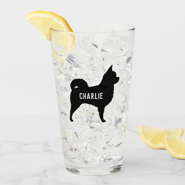 Longhaired Chihuahua Dog Silhouette Personalised Glass (Front Ice)