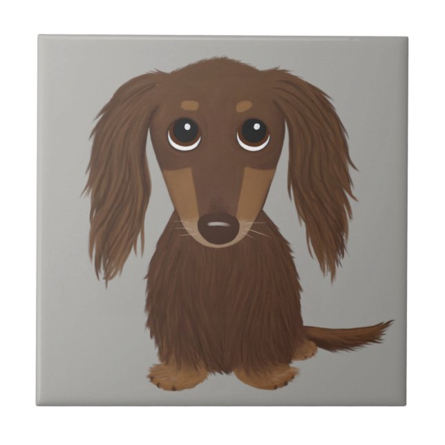 Longhaired Chocolate Brown Dachshund Ceramic Tile (Front)