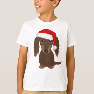 Longhaired Chocolate Dachshund Santa Christmas T-Shirt