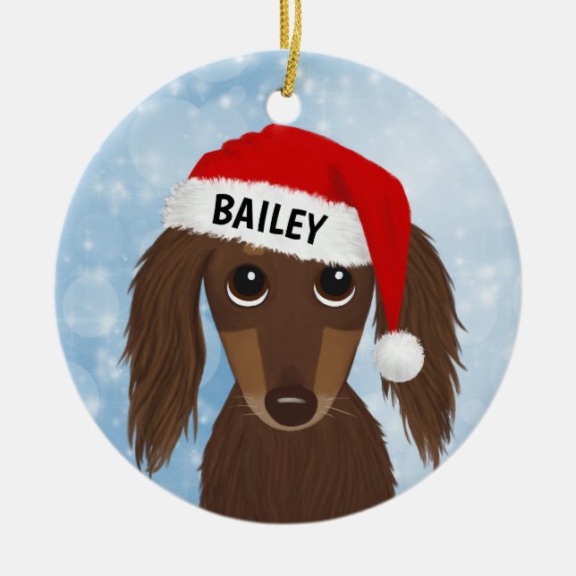 Longhaired Chocolate Dachshund Santa  Custom Name Ceramic Ornament (Front)