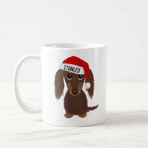 Longhaired Chocolate Dachshund Santa Custom Name Coffee Mug