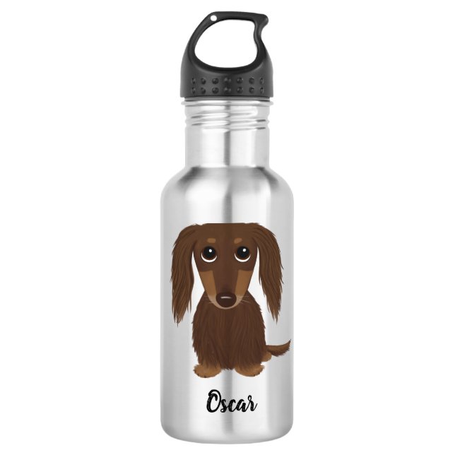 Longhaired Chocolate Dachshund with Custom Text 710 Ml Water Bottle (Front)