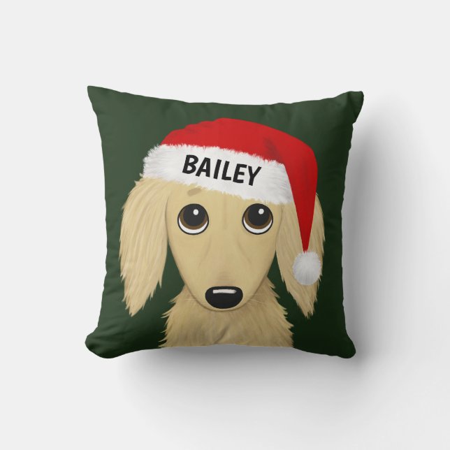 Longhaired Cream Dachshund Santa Dog Custom Cushion (Front)