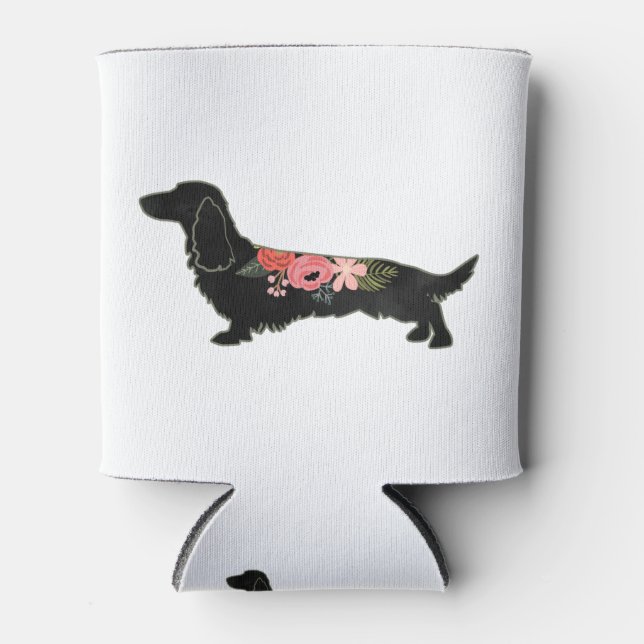 Longhaired Dachshund Bohemian Floral Silhouette Can Cooler (Front)