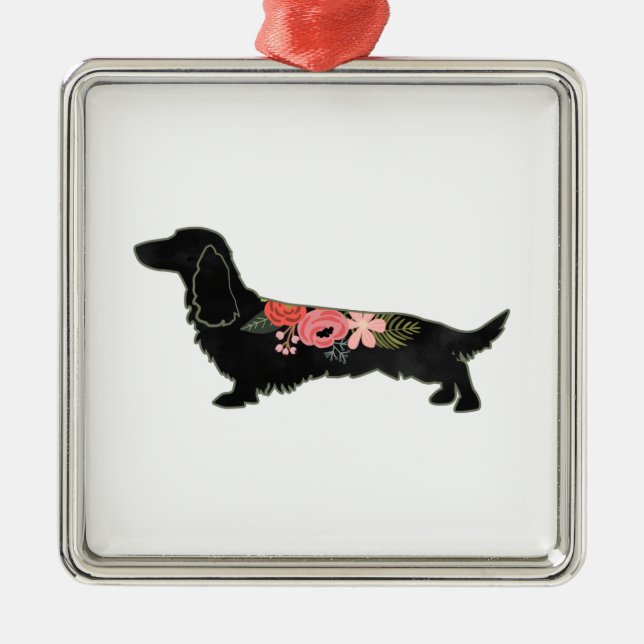 Longhaired Dachshund Bohemian Floral Silhouette Metal Ornament (Front)