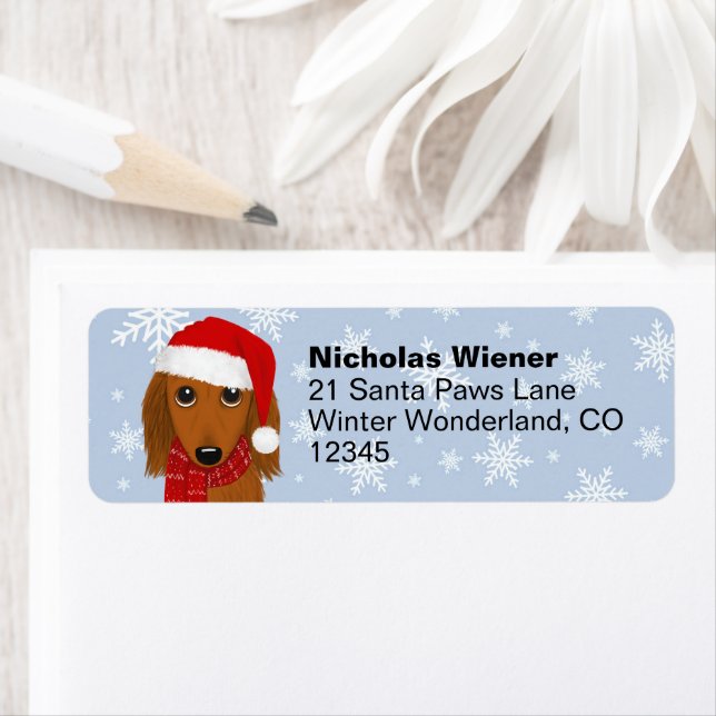 Longhaired Dachshund Christmas Dog Return Address Label (Insitu)