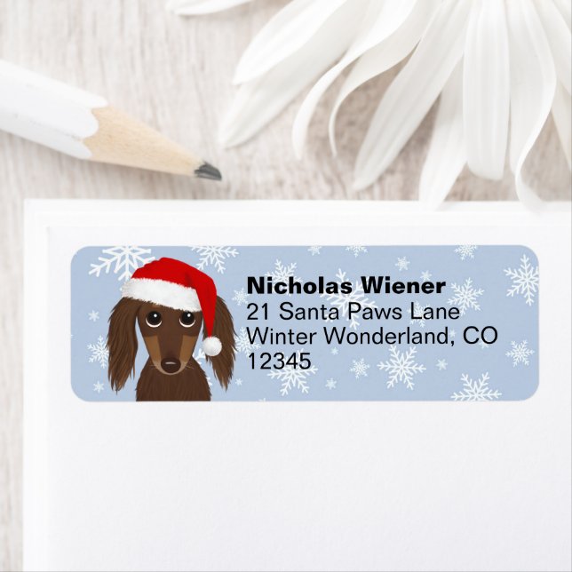 Longhaired Dachshund Christmas Dog Return Address Label (Insitu)