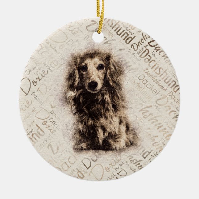 Longhaired Dachshund dog Ceramic Ornament (Front)
