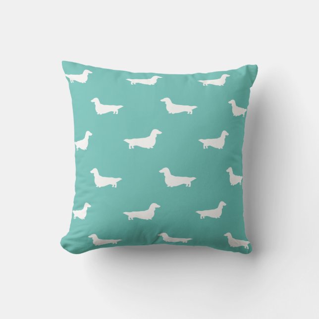 Longhaired Dachshund Dog Silhouettes Pattern Teal Cushion (Front)